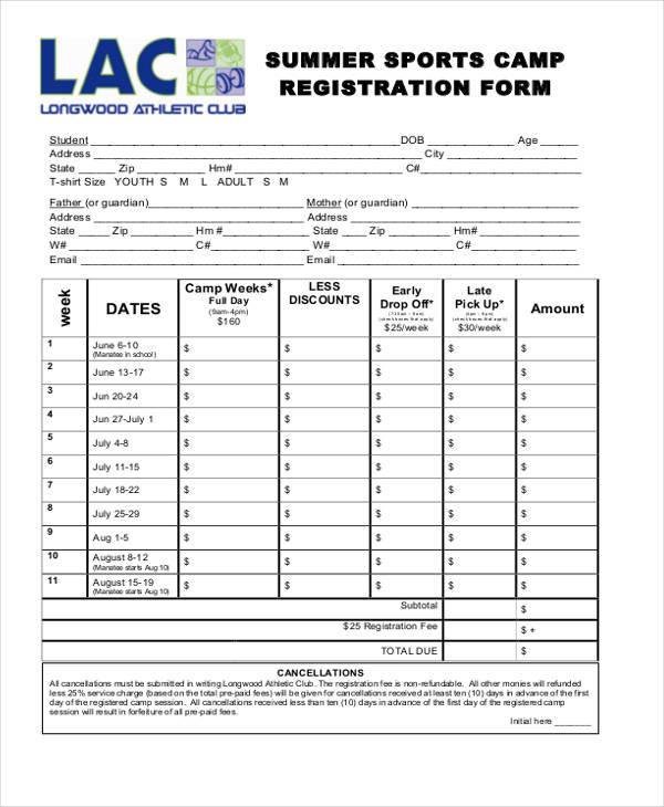 summer sports camp registration form