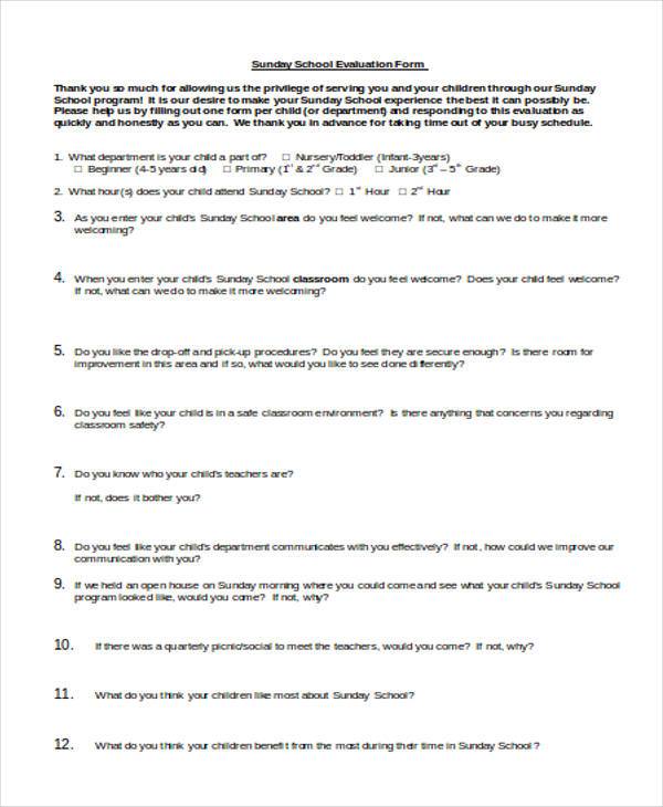 sunday school evaluation form