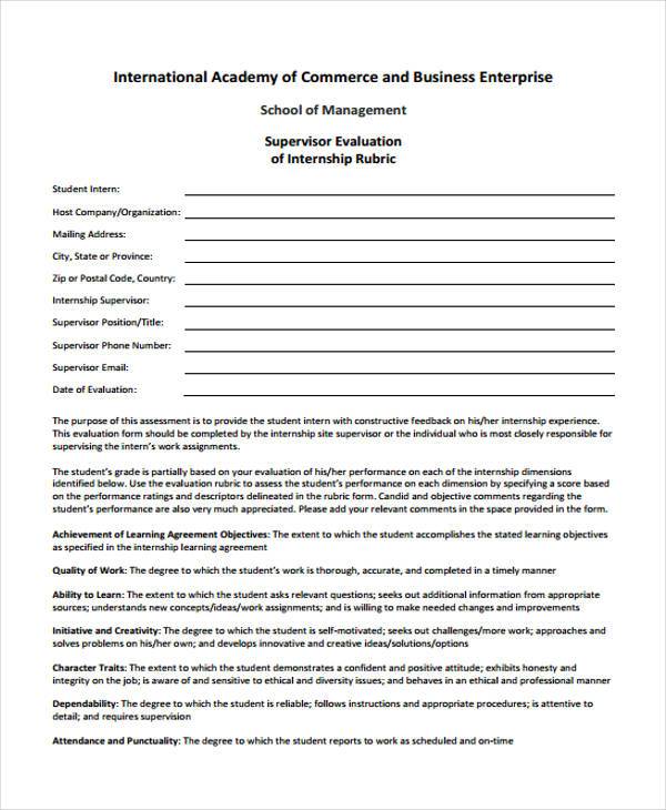 supervisor internship evaluation form example