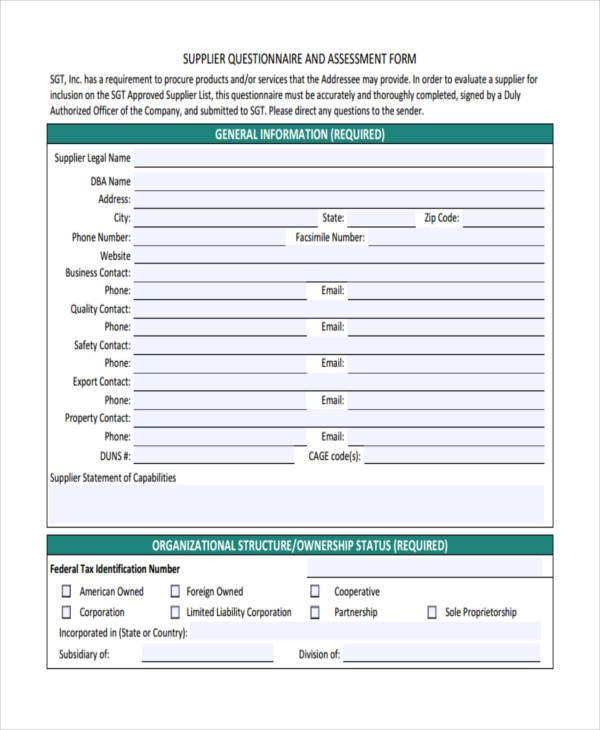 supplier assessment questionnaire form