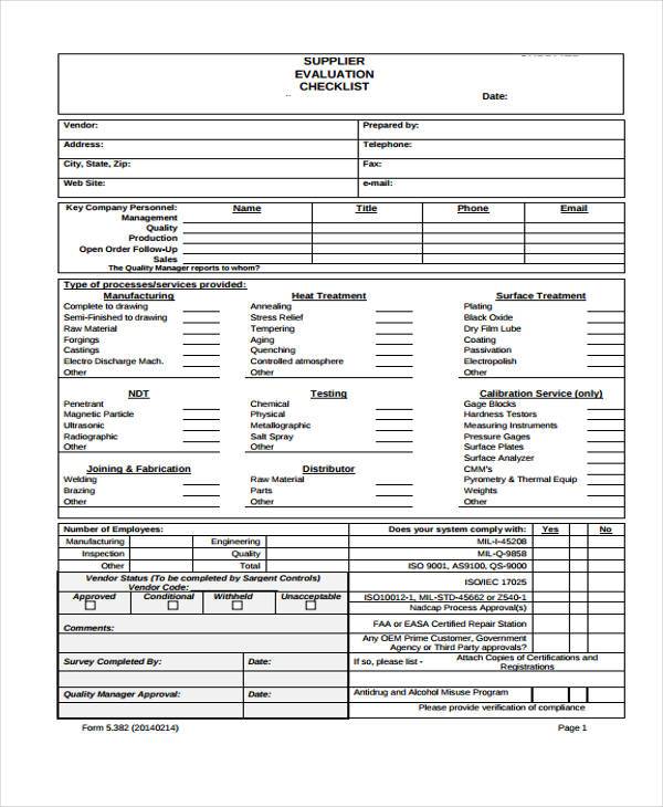 supplier evaluation checklist form