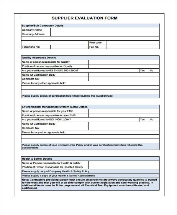 FREE 9+ Supplier Evaluation Forms in PDF Excel MS Word