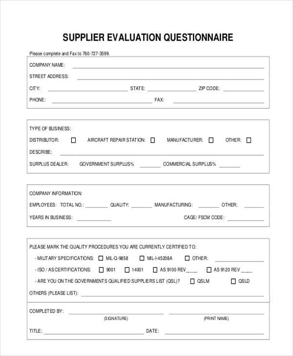 supplier evaluation questionnaire form