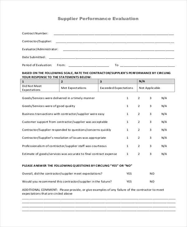 supplier performance evaluation form