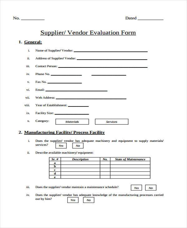 supplier vendor evaluation form