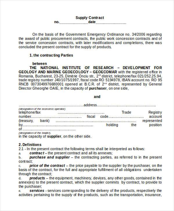 supply contract form in doc