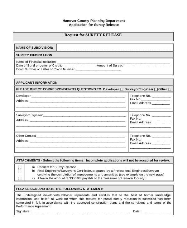 surety bond release form sample