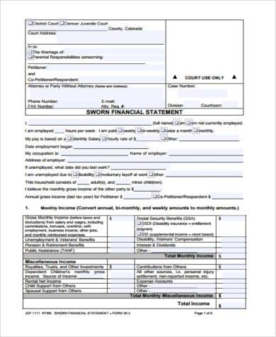 sworn financial statement form