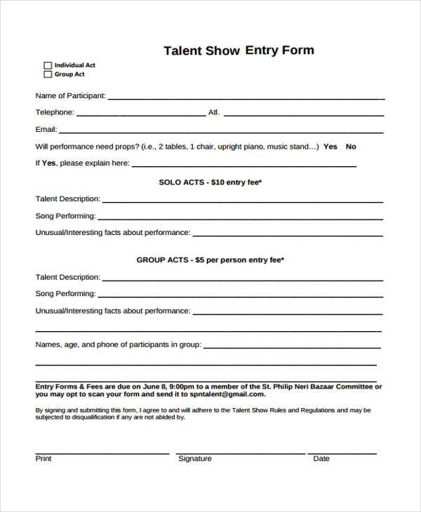 talent show entry form sample