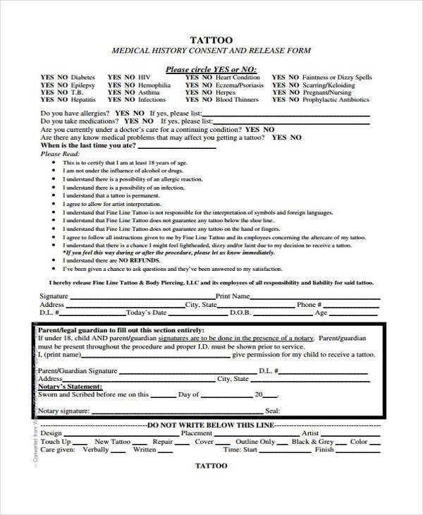 tattoo medical history release form