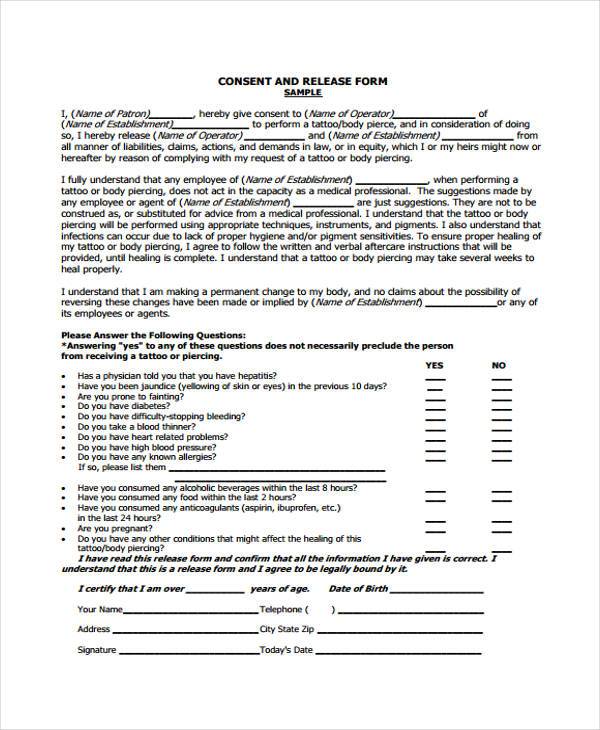 tattoo release form example