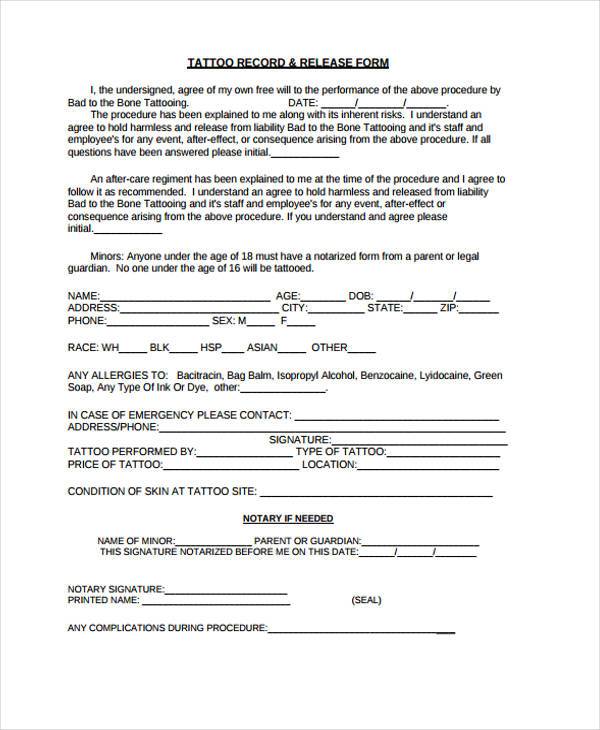 tattoo release form pdf