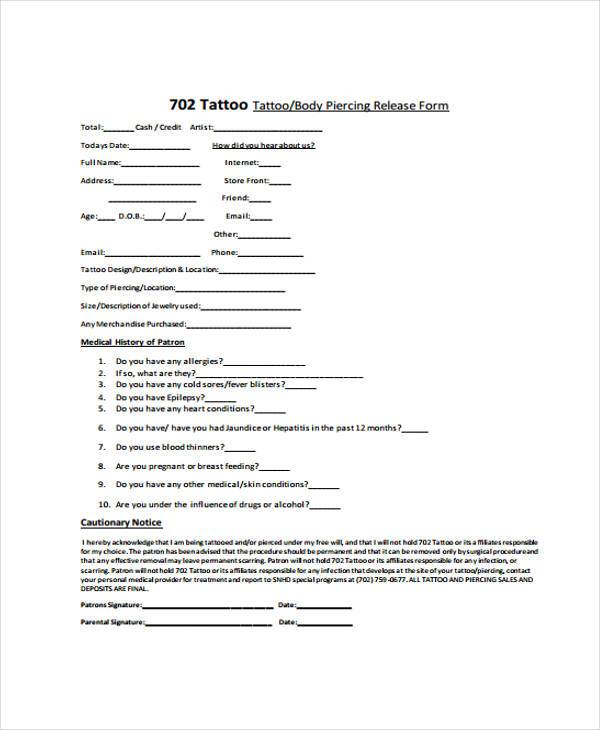 FREE 8  Sample Tattoo Release Forms in PDF