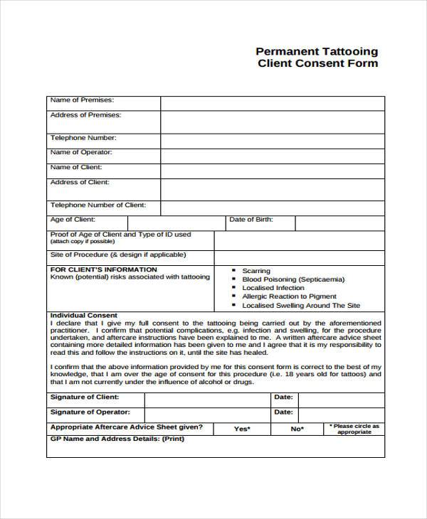 tattooing client consent form