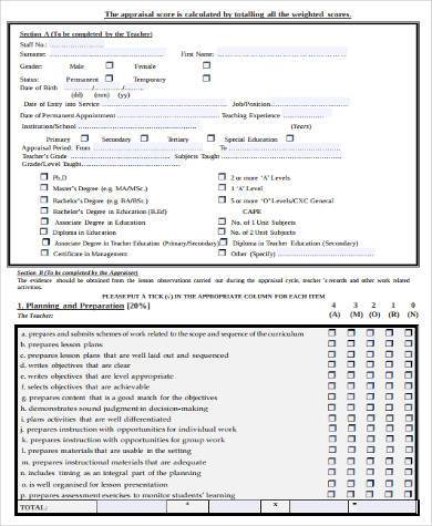 teacher appraisal form example