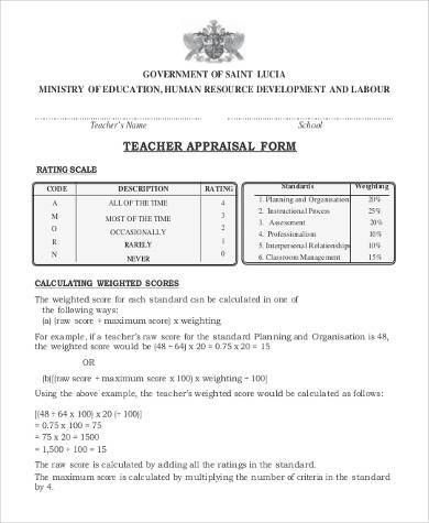 teacher appraisal form sample