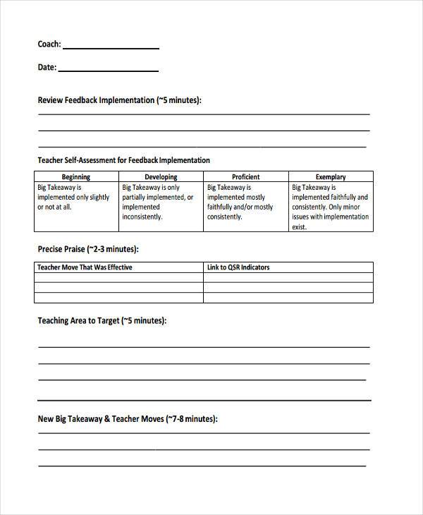 teacher coaching feedback form