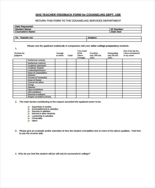teacher counseling feedback form