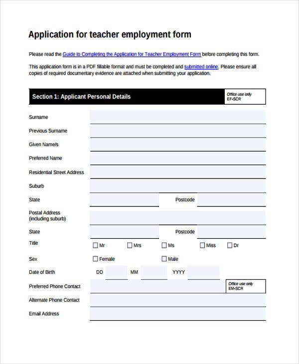 teacher employment registration form