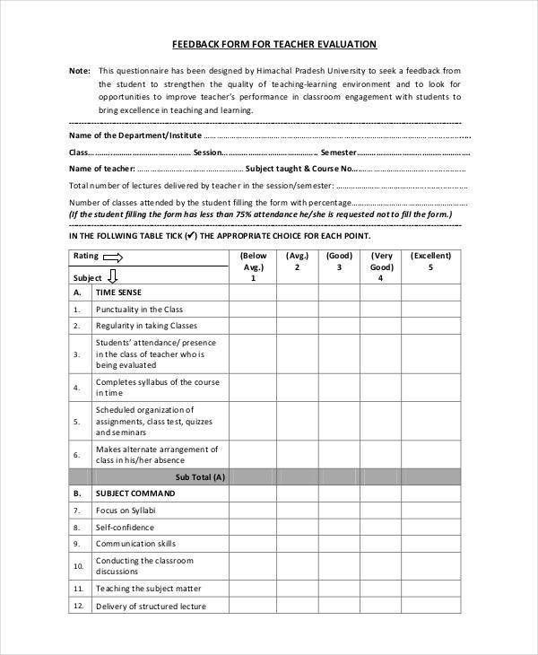 FREE 8 Teacher Feedback Forms In PDF MS Word Excel