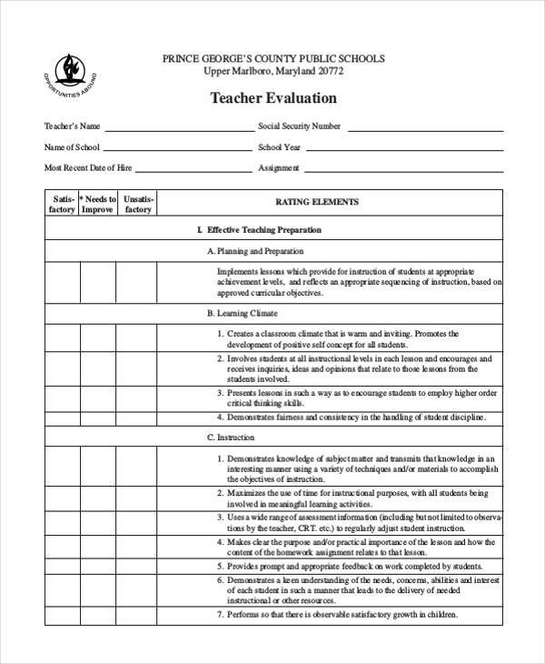 teacher evaluation form sample