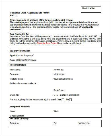 teacher job application form doc