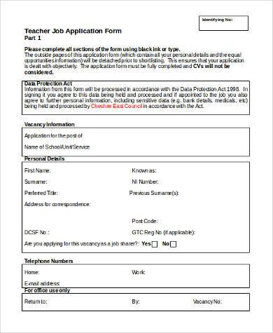 Teacher Job Application Form Sample