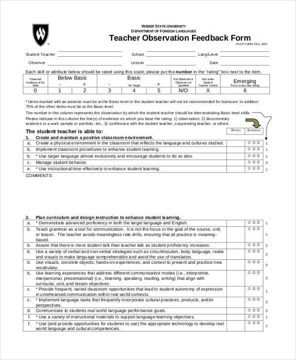teacher observation feedback form