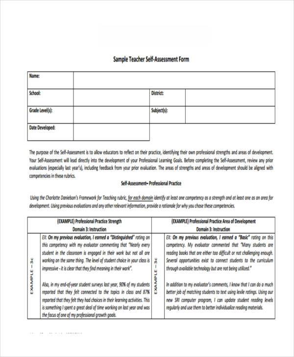 teacher self assessment form pdf