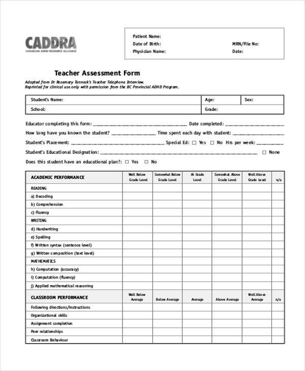 teachers performance assessment form
