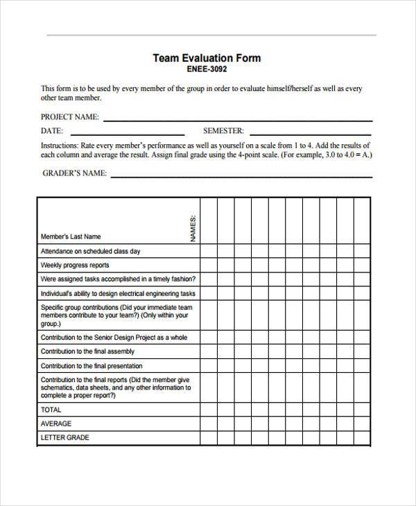 Printable Team Evaluation Form Printable Forms Free Online