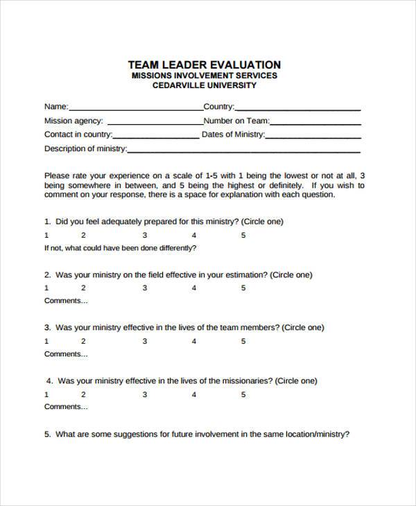 team leader evaluation form