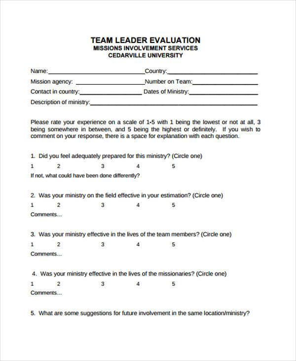 team leadership evaluation form