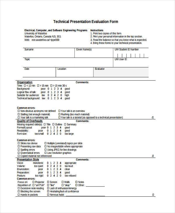 technical presentation evaluation form sample