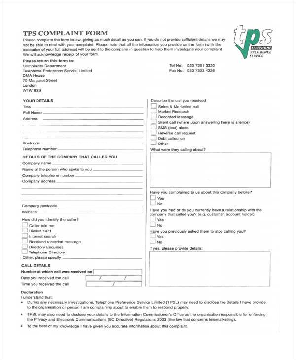 telephone preference service complaint form