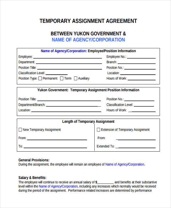 temporary assignment agreement form