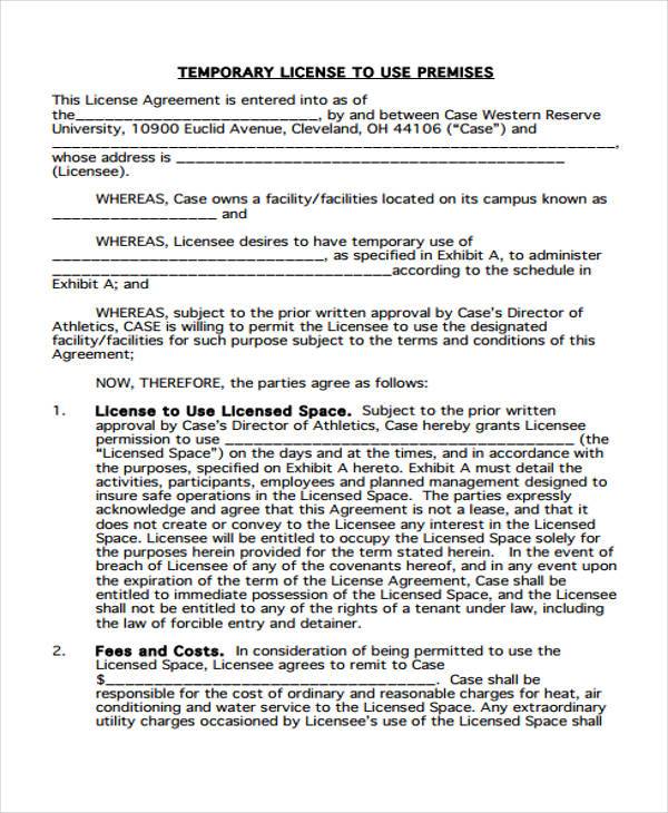 temporary license agreement form example