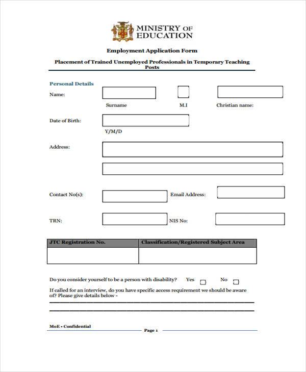 temporary teacher employment application form