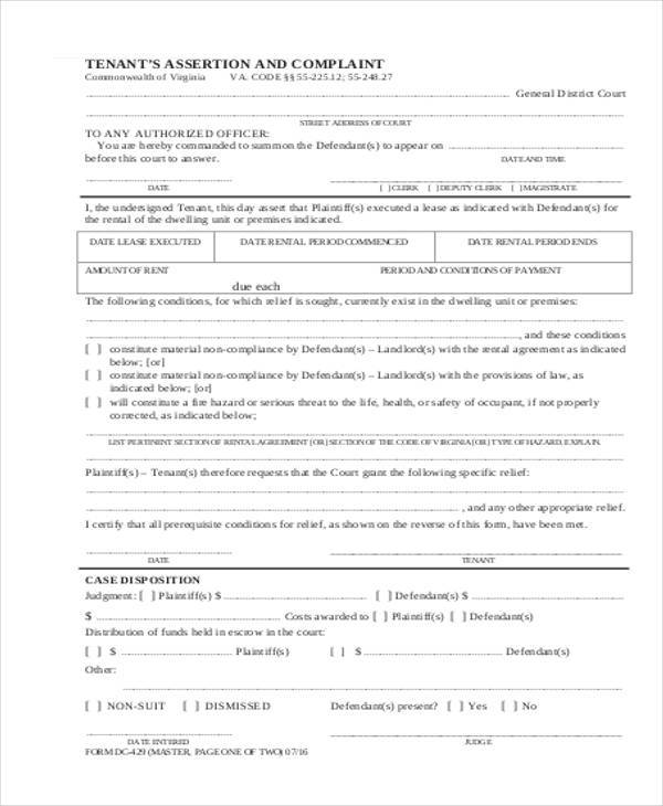 tenant assertion and complaint form