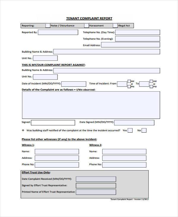 tenant complaint report form