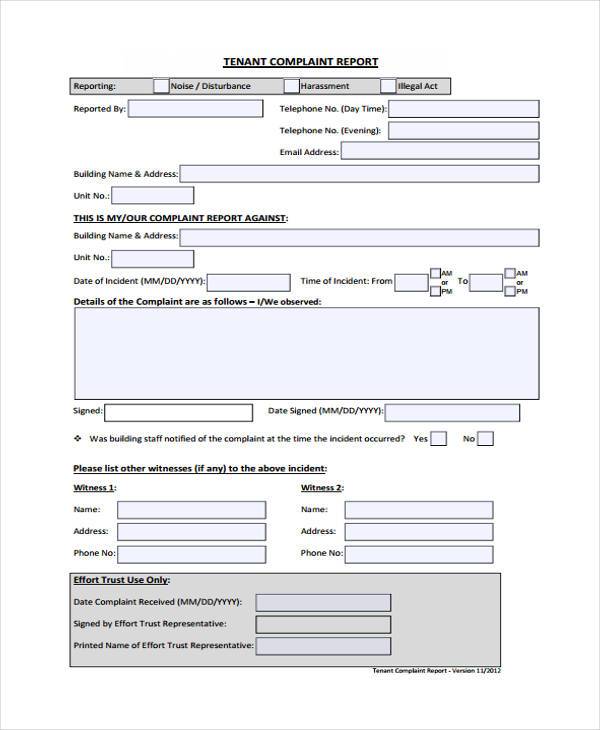 FREE 8+ Sample Tenant Complaint Forms in PDF MS Word