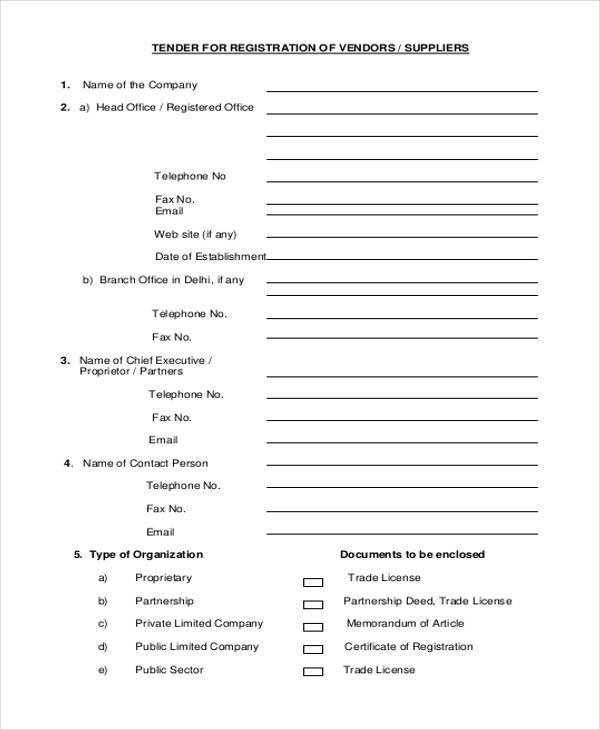 tender vendor registration form