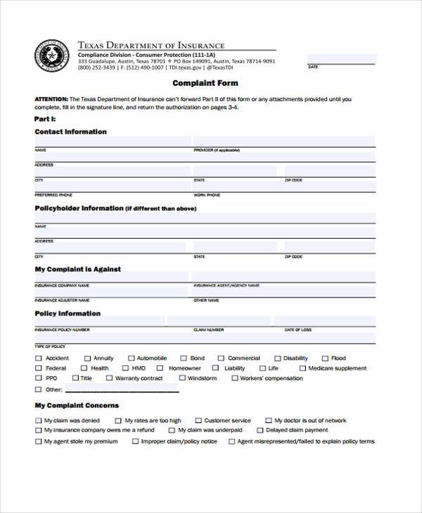 texas medical complaint form example