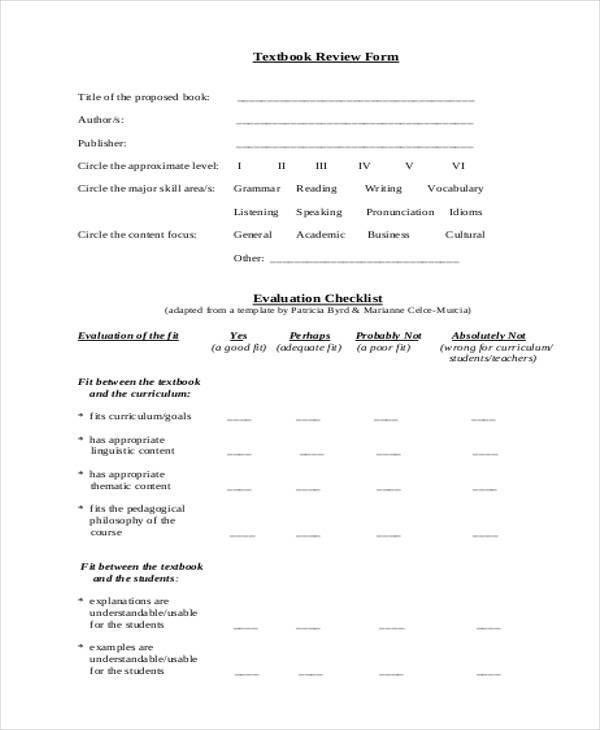 textbook evaluation checklist form