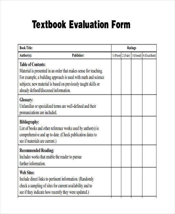 textbook evaluation form example