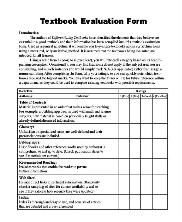 FREE 7+ Sample Textbook Evaluation Forms in PDF MS Word