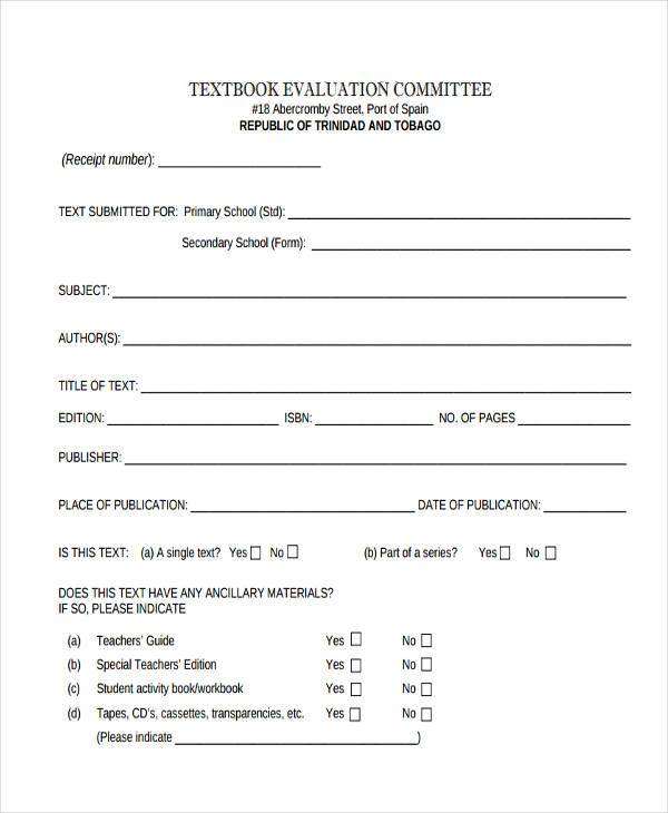 textbook evaluation form sample