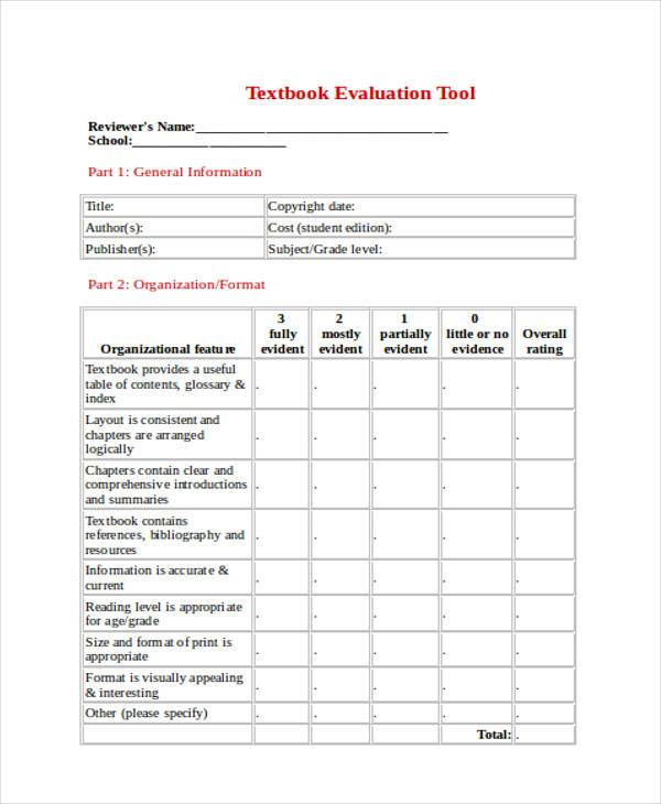 textbook evaluation tool form