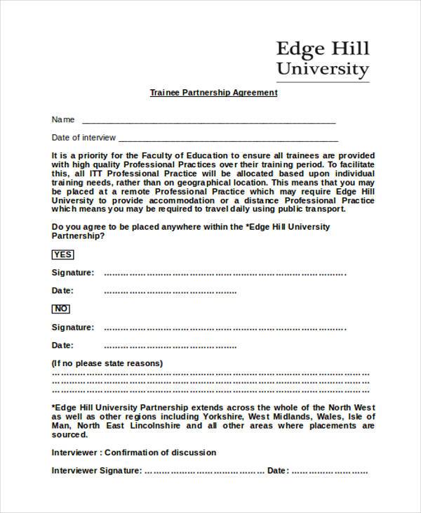 trainee partnership agreement form