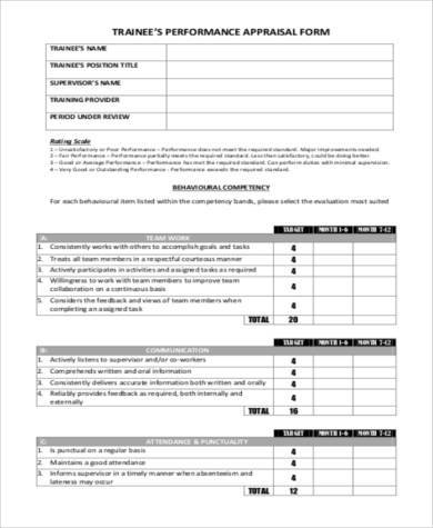 trainees performance appraisal form